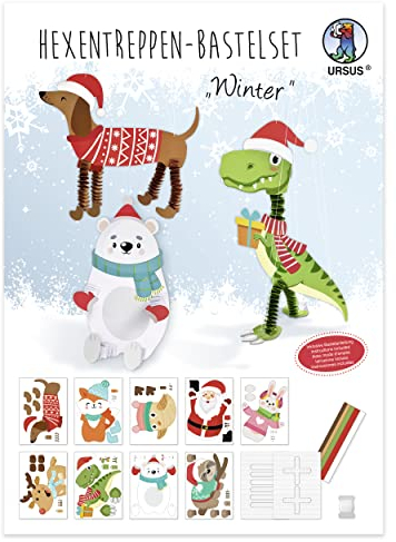 Ursus 21360099F - Hexentreppen Bastelset Winter, Set für 9 weihnachtliche Tiere aus Fotokarton, 25 x 35 cm, 300 g/qm, inkl. Papierstreifen, Vorlage, Faden zum Aufhängen und Bastelanleitung