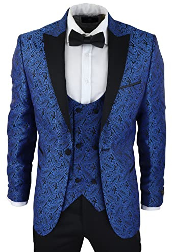 TruClothing.com Mens Paisley Tuxedo Blazer and Waistcoat Brocade Dinner Jacket Satin Black Blue