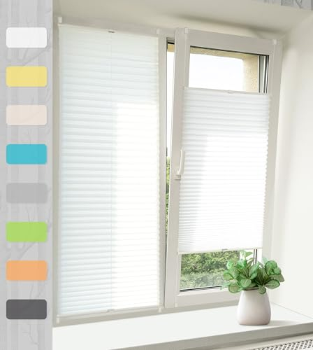 Vkele Plissee ohne Bohren Klemmfix – Faltrollo Jalousie Weiß 60x120cm(BxH), Lichtdurchlässig & Blickdicht, Sonnenschutz & Sichtschutz, Easyfix Rollo für Fenster & Tür