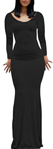 ABINGOO Vestito Donna Maniche Lunghe Aderente Vestito Lungo Sexy Tinta Unita Maxi Bodycon Vestito Abito da Cocktail(Z-Nero,XS)