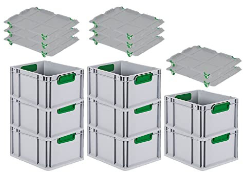 PROREGAL SuperSparSet 8x Eurobox NextGen Color mit Auflagedeckel & Schiebeschnappverschlüsse, HxBxT 22x30x40cm, 20L, Griffe grün geschlossen, Glatter Boden, Eurobehälter Transportbox Transportbehälter