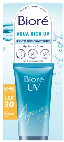 Biore Aqua Rich UV - Fluido hidratante ligero para la cara - Protección solar - SPF 30 - UVA/UVB - Funciona bajo maquillaje - No grasoso
