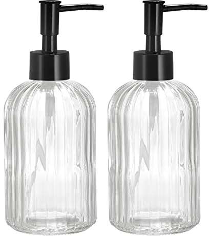 sourcing map Soap Dispensers Set - 2 Pack 13.5Oz Glass Dish Hand Soap Dispenser with Black Pump for Kitchen Bathroom, Clear