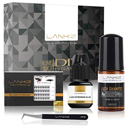 LANKIZ Wimpern Extensions Set DIY Lash Extension Set mit Wimpernkleber, Einzelne Wimpern, Wimpernshampoo und Pinzette, Wimpern Set zu Hause