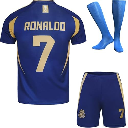 metekoc NASSR Riyadh Al 2024/2025 Auswärts #7 Football Fußball Kinder Trikot Shorts Socken Jugendgrößen (Auswärts,26)