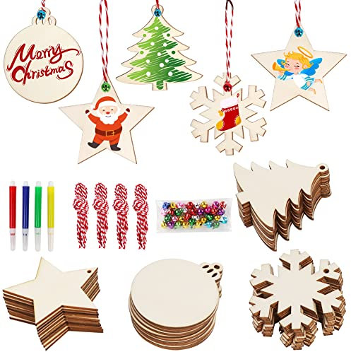 Fayavoo 40pcs Wooden Christmas Ornaments Set Wooden Baubles with Bells, Colored Markers and Ropes, Unfinished Wood Slices for Crafts Kids DIY Xmas Gifts Wooden Christmas Tree Decorations