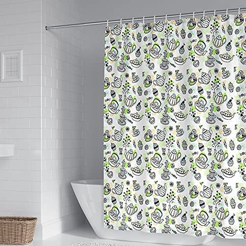 Duschvorhang 180x180 cm, Duschvorhang Waschbar Muster für Tassen und Teekannen Schwarz Weiss Black White Shower Curtain Set 72 Wx72 H