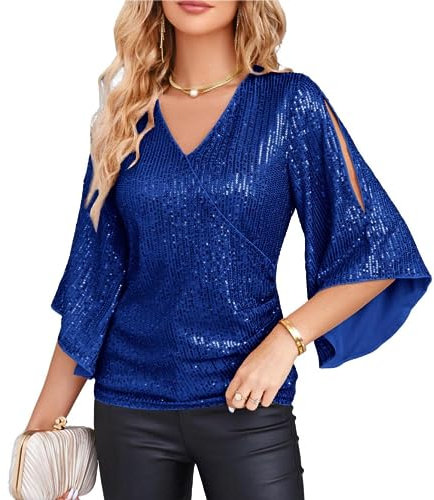 GRACE KARIN Women's Sequin Tops 3/4 Sleeve V-Neck Wrap Sparkly Glitter Party Tops Royal Blue L