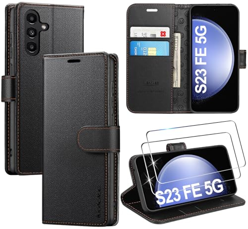 ivencase LederHülle für Samsung Galaxy S23 FE 5G Hülle und 2 Stück Schutzfolie,Premium PU Schutzhülle Flip mit Tasche Brieftasche Magnetverschluss handyhülle für Samsung S23 FE 5G Hülle - (Schwarz)