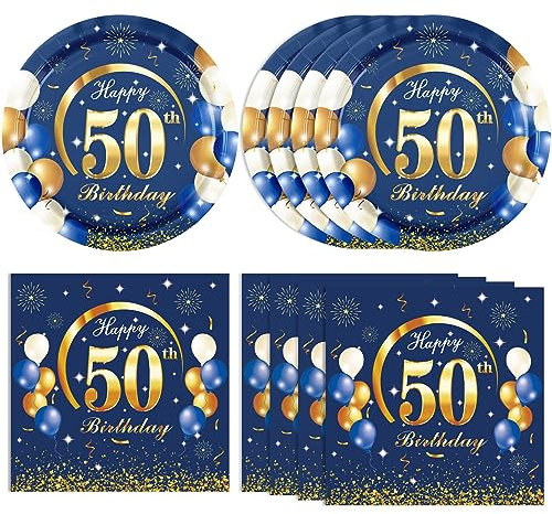 40 PCS Blue Gold 50th Birthday Party Decorations 50th anniversary decorations Disposable Dinnerware Set Include Plates Napkins for Man 50 Years Old Party Decor