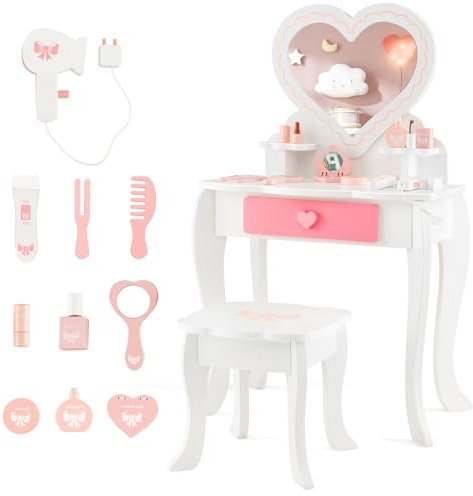 RELAX4LIFE Toeletta Trucco per Bambina, Specchiera Trucco con Sgabello e Accessori da Trucco, Toeletta in Legno, Specchio Rimovibile, per Bambini 3+ Anni (CUOLE, 34x50x93cm)