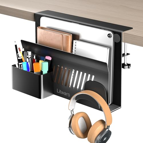 Litwaro Desk Side Storage Organizer, Under Desk Laptop Holder Clamp on Desk Shelf, No Drill Laptop Desk Mount with Magnetic Pen Holder, Hanging Desk Organizer Fits Flat Edge Desk 0.4 to 2