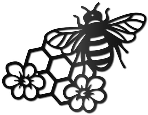 CREATCABIN Bees Metal Wall Art Decor Black Honey Wall Hanging Ornament Iron Wire Wall Art Flower Sculpture Decoration Sign Minimalist Wall Decor for Farmhouse Garden Bedroom Office Home 12 x 9Inch