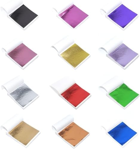 Parallelower 240 Stück 12 Farben Mehrfarbige Goldfolie Imitation Metallfolie Bunte Blattgold zum Acrylmalerei Vergolden Kunstprojek Körperdeko Nägel DIY Kreation Makeup Möbel Dekoration(9x9cm)