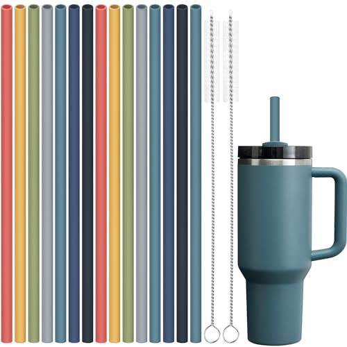 Tomorotec Pajitas de silicona reutilizables de 12 pulgadas, 15 unidades y cepillos de limpieza para vasos Stanley de 40 onzas, 30 onzas, 20 onzas, sin ruido, silicona de grado alimenticio, ajustable