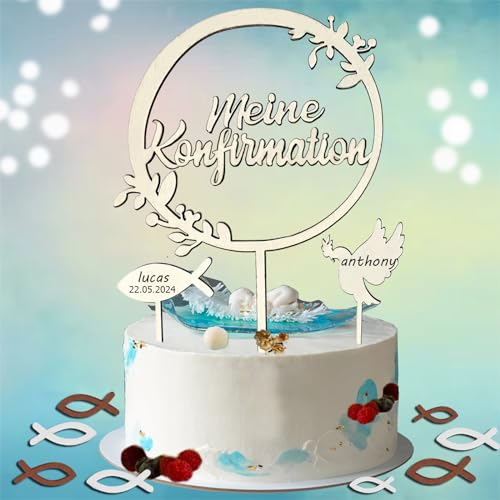 39 Stück Tortendeko Konfirmation Kuchen Deko Junge Mädchen, Tischdeko Kommunion Cake Topper Holzfische Konfirmation Weiß Streudeko Erstkommunion Deko Tischdeko Taufedeko (Flagge + Fisch aus Holz)