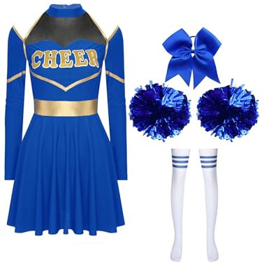 Aislor Cheer Leader Kostüm Damen Halloween Langarm Cheerleading Uniform Outfits Tanzkleid Mit Pompoms/harrband Karneval Cheerleading Kostüm I Königsblau S
