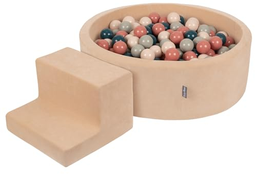 KiddyMoon Spielplatz Velvet Aus Schaumstoff Mit Rund Bällebad (200 Bälle) + Stüfchen Ballgruben Für Babys Spielbad, Sandbeige:Dunkeltürkis/Pastellbeige/Grüngrau/Lachsfarben