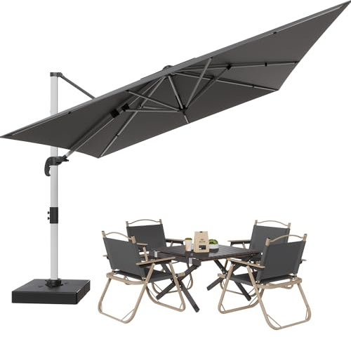 TRIUMPHKEY Sombrilla de Jardín 3x4m con Fundación, Sombrilla Plegable de Aluminio Para Balcón, Regulable en Altura, Con Manivela y Base en Cruz, Protección UV, Para Jardín, Terraza, Piscina