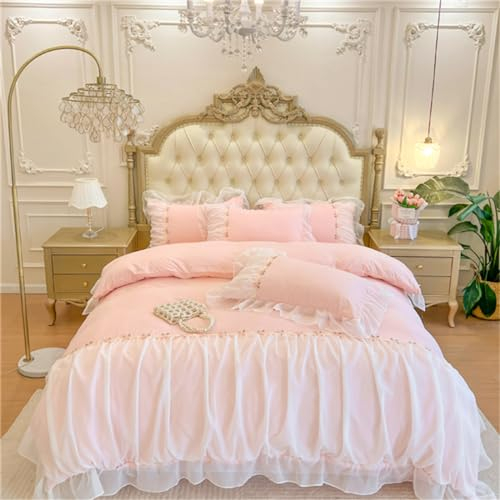 MOOWOO Pink Bedding Bettwäsche-Set mit romantischem Rüschen, Spitze, 2-teilig, Bettdeckenbezug mit Reißverschluss, kokett, Raumdekoration, Rosa, Doppelbett
