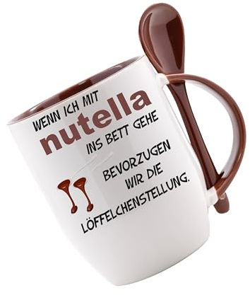 Tasse mit Löffel - Wenn ich mit Nutella ins Bett gehe - Löffeltasse, Kaffeetasse m. Motiv, Bürotasse, bedruckte Tasse mit Sprüchen oder Bildern, Tasse personalisiert mit Name