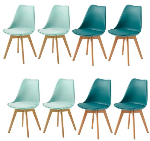 H.J WeDoo Pack 8 Sillas de Comedor Nórdico, Silla Cocina de Haya con Asiento Tapizado y Respaldo Ergonómico,4Verde Menta+4Turquesa