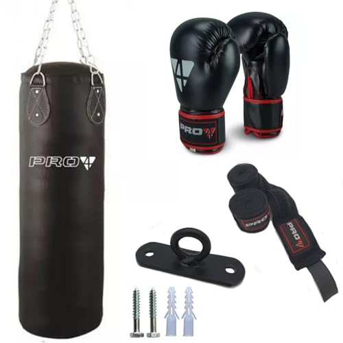 Pro4 Boxsack Set Fitness GEFÜLLT 80 100 oder 120cm I inkl. 10 Oz Boxhandschuhe + 4-Punkt Kette + Deckenhalterung + Boxbandagen I idealer Box Sack für Jugend & Erwachsene (schwarz, 100cm)