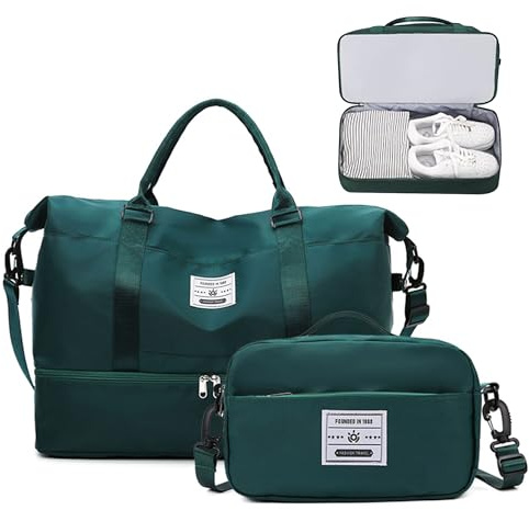 JXCTNNU Reisetasche Handgepäck Tasche Sporttasche Damen Reisetaschen Weekender Bag Wasserdicht Travel Bag mit Schulranzen Schuhfach & Nassfach für Reisen Gym Yoga (Dunkelgrün)