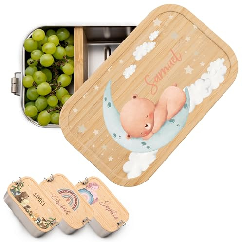Kidsmood - Brotdose personalisiert mit Namen – Edelstahl Lunchbox mit Fächern für Kindergarten, Schule & Büro mit liebevollem Hase – Geschenk zur Einschulung für Kinder & Mädchen (1100ml)