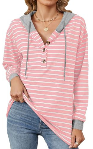 LUVCES Felpe con Cappuccio da Donna Casual Maniche Lunghe a Righe con Scollo a V e Coulisse Bottoni Maglioni con Cappuccio Sweatshirt Rosa M
