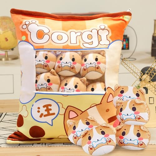 MeHoo Katze Plüsch Kissen, Pudding Peluche, Katze Pudding Kissen, Snack Kissen Kuscheltier, Reißverschluss Design, Abnehmbar, Gefüllt mit kleinen Puppen innen (Hund)