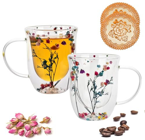 QHYK Latte Macchiato Glas becher, Doppelwandige Isolierte Glas mit Der Baum des Glücks Trockenblumen, Espressotassen Thermogläser, für Tee, Eis, Saft, Iced Kaffee - Partei & Geschenk, 320Ml, 2er Set