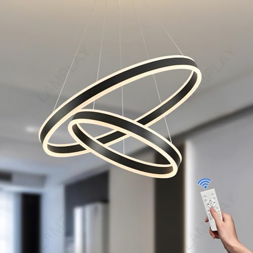 LAMPLAY Runde Moderne LED-Pendelleuchte, 2 Schwarzer Ring-Kronleuchter, Dimmbar Mit Fernbedienung 3000K-6000K Deckenleuchte, Höhenverstellbar, Foyer, Wohnzimmer, Schlafzimmer, Esszimmer(Ø60+80cm)