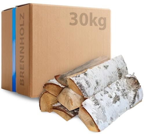 30kg Birken Brennholz - Kammergetrocknetes Feuerholz 30cm Scheite für Kamin, Ofen & Feuerschale – 100% Naturholz, Hoher Brennwert, Raucharm, Ideal für Grill, Lagerfeuer, Smoker & Dekoration