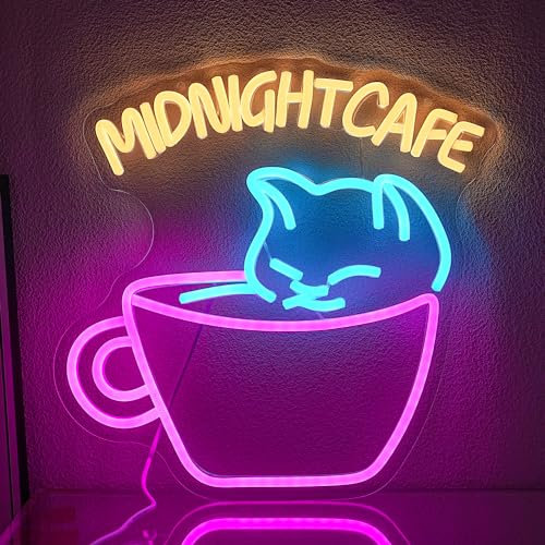 LMSIGNLY Midnight Cafe Neon Sign for Wall Decor Cute Cat Neon Light Dinmmable Cafe Neon Signs Pink Coffee Cup LED Neon Light Signs for Coffee Shop Bakery Dessert Shop Bar Restaurant