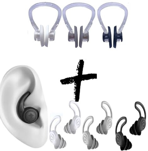 Pack 3u Tapones Oídos Natación y 3u Clip de Nariz para Adulto, 3 Pares de Tapones Oídos Silicona y 3 Pinzas de Nariz para Natación, Tapones de natación para piscina, surfear etc. Blanco, gris, negro