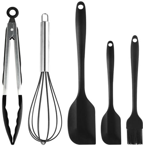 5 Piezas Set de Utensilios de Cocina de Silicona - Espatulas silicona cocina 28 cm - Silicona Alimentaria - Resistente al Calor, Antiadherente, Fácil de Limpiar - Para Cocinar, Freír (Negro)