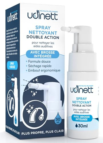 Spray Nettoyant pour Appareils Auditifs 30ml avec Brosse Udinett Hygiénisant pour Écouteurs Bluetooth Formule Délicate Élimine la Saleté et le Cérumen avec un Effet Immédiat