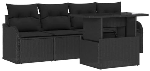 vidaXL Garten-Sofa-Set mit Kissen 5 pcs Schwarz Poly Rattan, Moderne Outdoor Sofagruppe, rechteckig, modular, wetterfest, langlebige Rattan-Sitze, Gartenlounge, Terrassenmöbel
