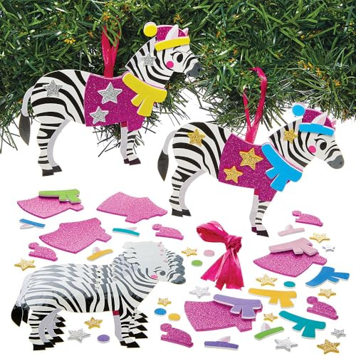 Baker Ross FN677 Christmas Zebra Mix & Match Decoration Kits – Pack of 8, Fun DIY Kits for Kids to Design Festive Zebra Decorations