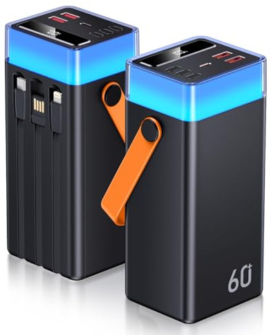 60000mAh Batterie Externe avec 3 Câble Intégré, 22,5W Charge Rapide Power Bank, Chargeur Portable Grande Capacité avec Lampe Torche e 9 Couleurs pour Camping, Activités de Plein Air, Smartphone