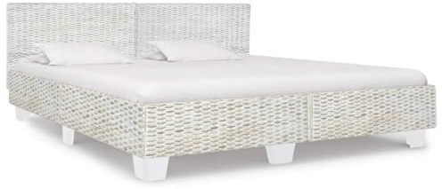 Bucmath Graues Rattan Bettgestell 180x200 cm, Massivholz Mahagoni Mango, Kubu Rattan Geflecht Design, Exotisches Plattformbett für Schlafzimmer, Stabile Möbelkonstruktion