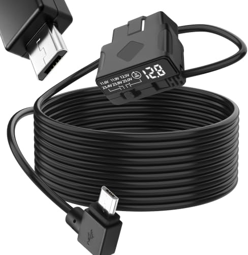 XMSJSIY Rechtwinkel Micro USB zu OBD Netzkabel für DashKamera 3.5M/11,48Fuß | 90 Grad Micro USB zu OBD Parkplatz Monitor Kabel 12V-24V zu 5V Hardwire Kit mit LED Spannung und Niederspannungsschutz