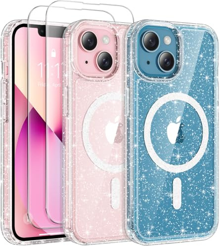 AROYI for iPhone 13 Case iPhone 14 Case, Glitter Transparent Phone Case with 2 Tempered Glass Screen Protector, Shockproof Acrylic Magnetic Sparkle Bling for Women and Girls, Clear