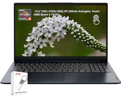 Lenovo Ideapad 1 Laptop, 15.6 FHD (1920x1080) Touch Display, AMD Ryzen 5 7520U, 8GB RAM 512GB SSD, AMD Radeon 610M, WiFi6 Bluetooth, Long Battery Life, Win11, Abyss Blue, 2TB Flash Drive, W/GaLiMu