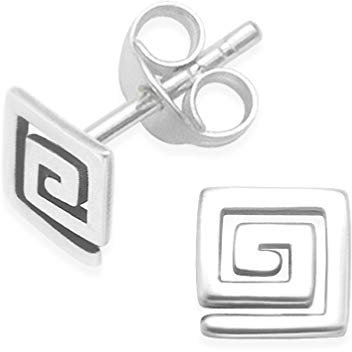 Sterling Silver Greek Key Earrings - SIZE: Small - 6mm. Gift Boxed Greek Key Stud Earrings 5329