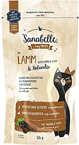 Sanabelle Snack Lamm und Holunder | Leckere Mini-Fleischsticks für ausgewachsene Katzen | 20 x 55 g
