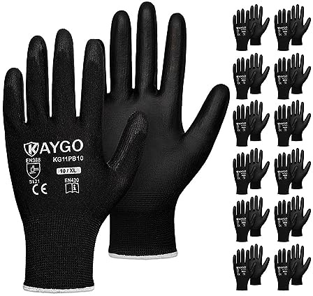 KAYGO Safety Work Gloves for Men Women, PU Coated Palm & Fingers, KG11P