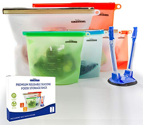 Kitchen Elements Lot de 7 sacs alimentaires réutilisables en silicone de qualité supérieure - 4 x 1000 ml + 2 x 1500 ml + support de sac en bonus - Passent au congélateur, sandwichs, etc.