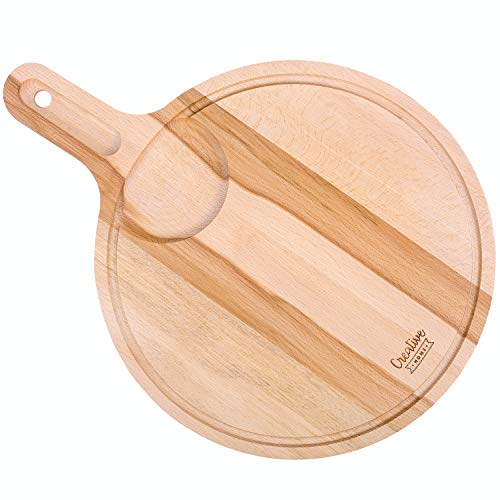 Creative Home Plato para Pizza Tabla de Cortar Cocina Madera Redonda | 40 x 30 x 1,5 cm | Bandeja con Asa, Ranura, Espacio para Cuenco | Haya Natural | Reversible | Accesorio para Servir Aperitivos